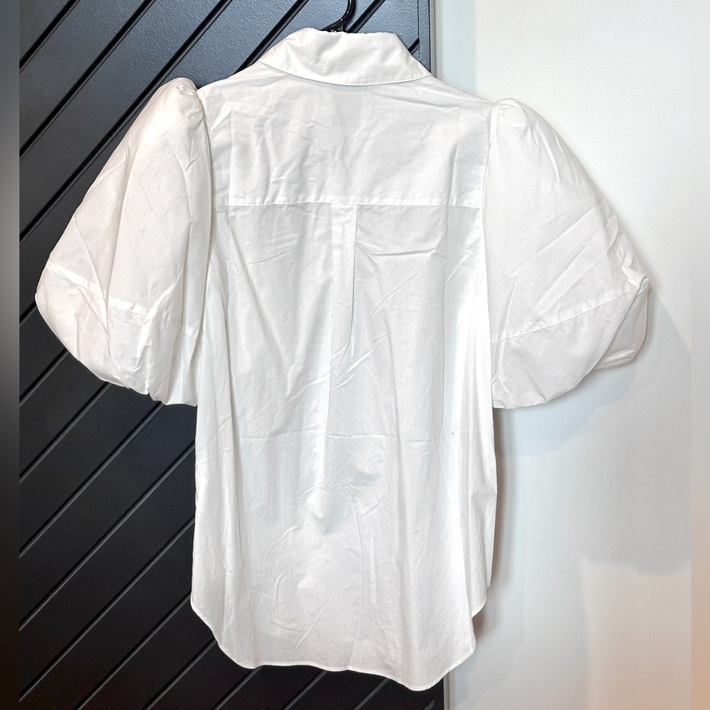 NWOT. Aje shirt with puff sleeves, collared neck, gold tone button. Never worn. - Picture 8 of 8